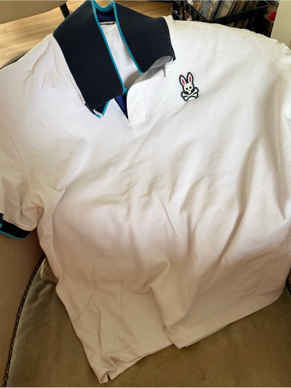 Psycho Bunny White Polo with Navy and Turquoise Trim